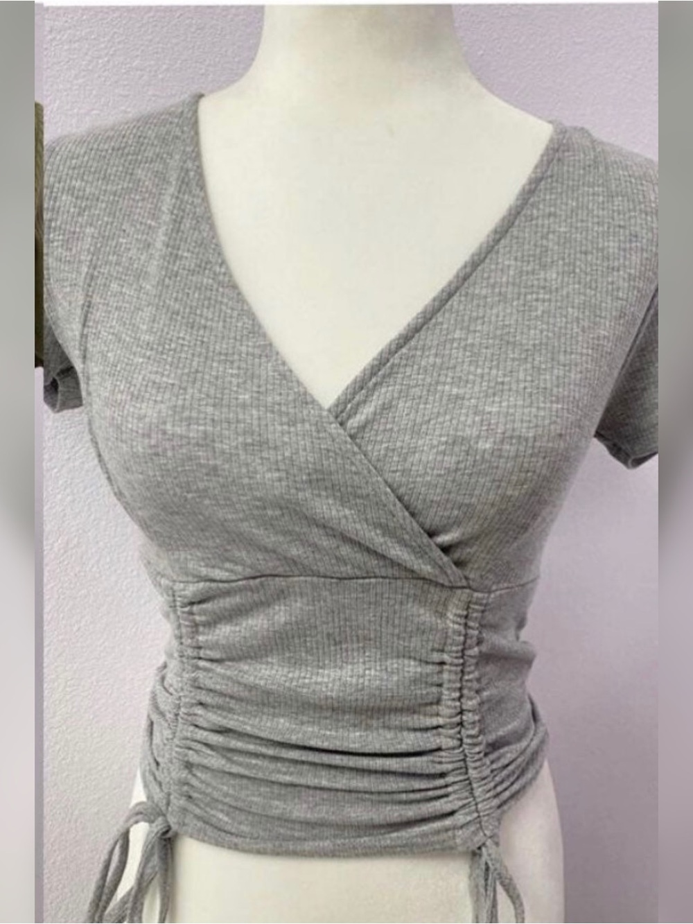 Women's Gray Ribbed Wrap Short Sleeve Top